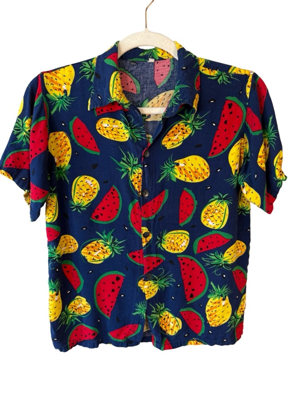 Tropical Fruit Print Button-Up Shirt - Navy Background Size S Retro Y2K Vacation
